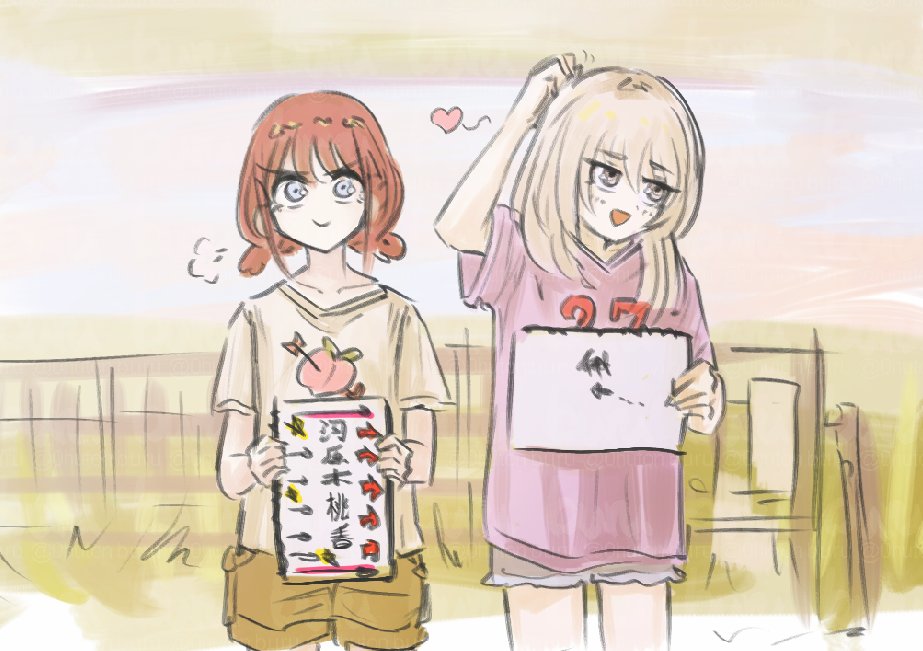 2girls blue_eyes brown_hair brown_shorts closed_mouth commentary_request girls_band_cry grey_eyes grey_hair grey_shorts heart holding holding_sign iseri_nina kawaragi_momoka long_hair low_twintails multiple_girls open_mouth pink_shirt puff_of_air shirt short_hair short_sleeves short_twintails shorts sign tomare_(akashingou) translation_request twintails white_shirt yuri