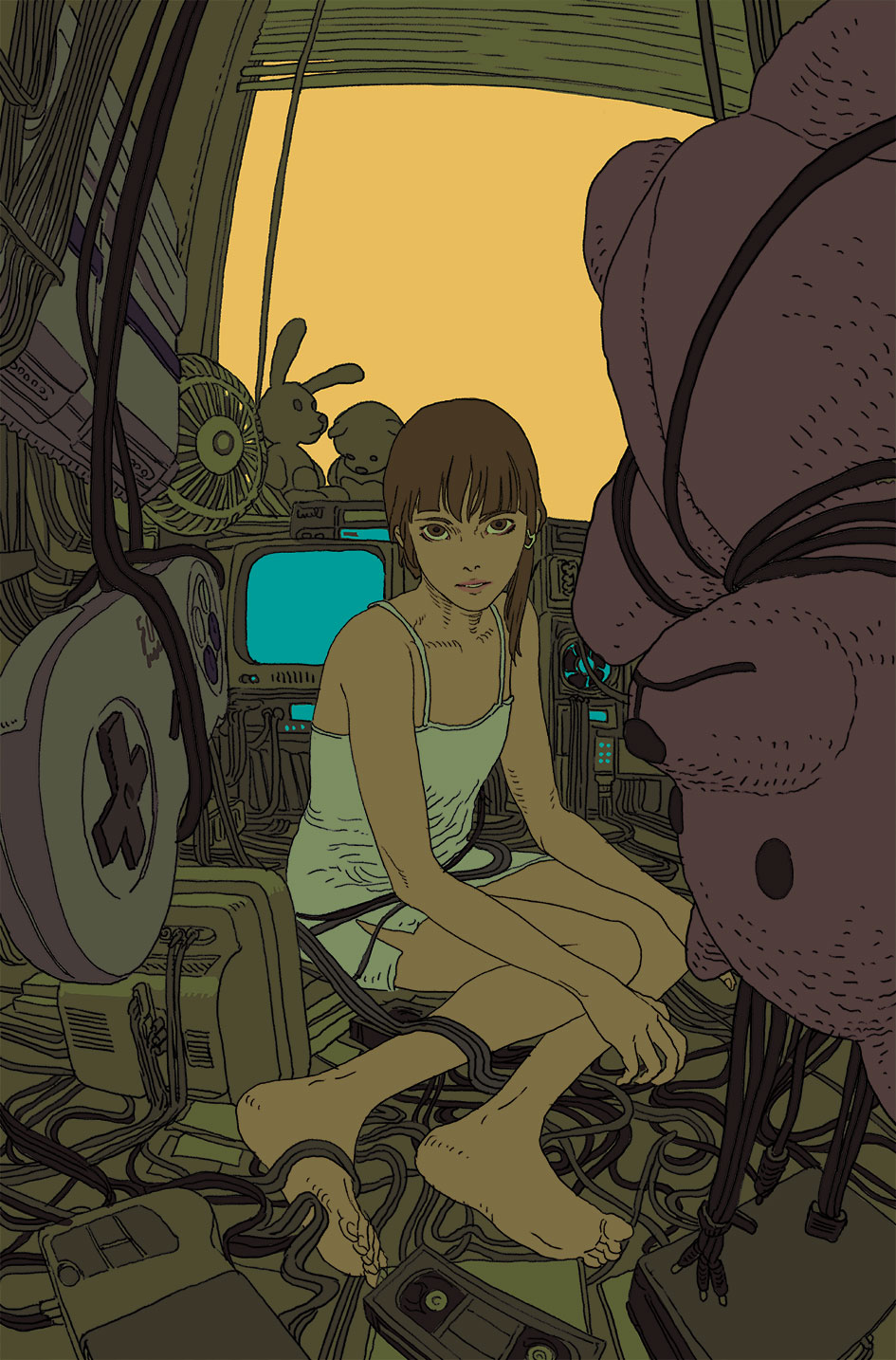 1girl amilcarpinna asymmetrical_hair bare_shoulders barefoot bear brown_eyes brown_hair cable computer_fan controller dress electric_fan famicom game_console game_controller gamepad hair_ornament hairclip hand_fan highres iwakura_lain joystick looking_at_viewer monitor no_socks open_mouth rabbit serial_experiments_lain short_hair single_sidelock sitting sleeveless sleeveless_dress solo stuffed_animal stuffed_toy teddy_bear video_game white_dress yokozuwari