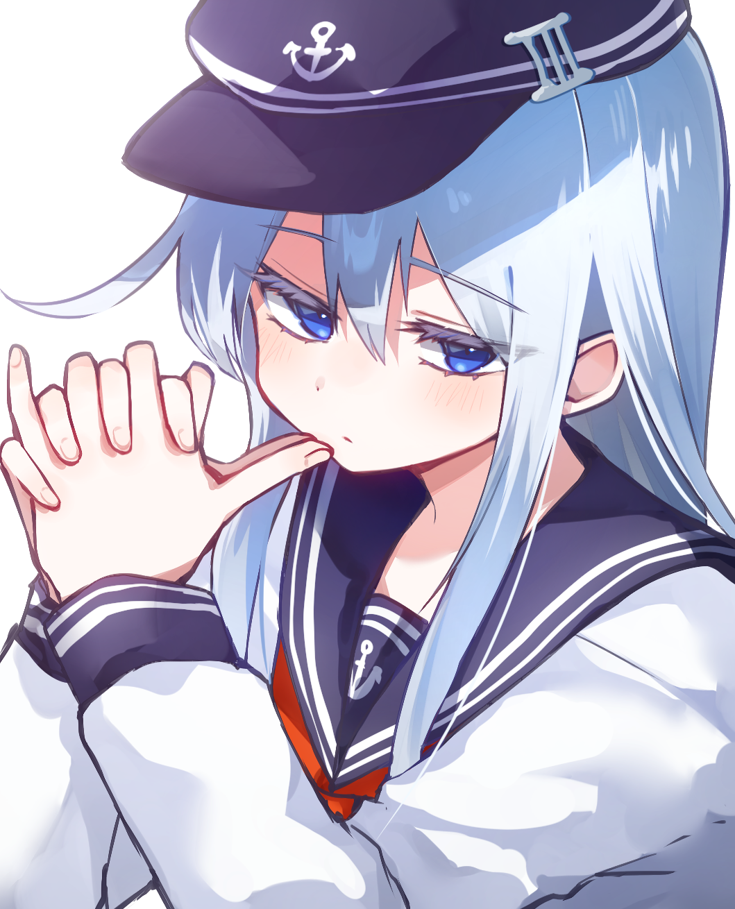 1girl anchor_symbol black_hat black_sailor_collar blue_eyes flat_cap folded_ponytail grey_hair hat hibiki_(kancolle) highres kantai_collection long_hair neckerchief own_hands_clasped own_hands_together red_neckerchief sailor_collar school_uniform serafuku simple_background solo tsumikitsuki_(katsuobushi) upper_body white_background