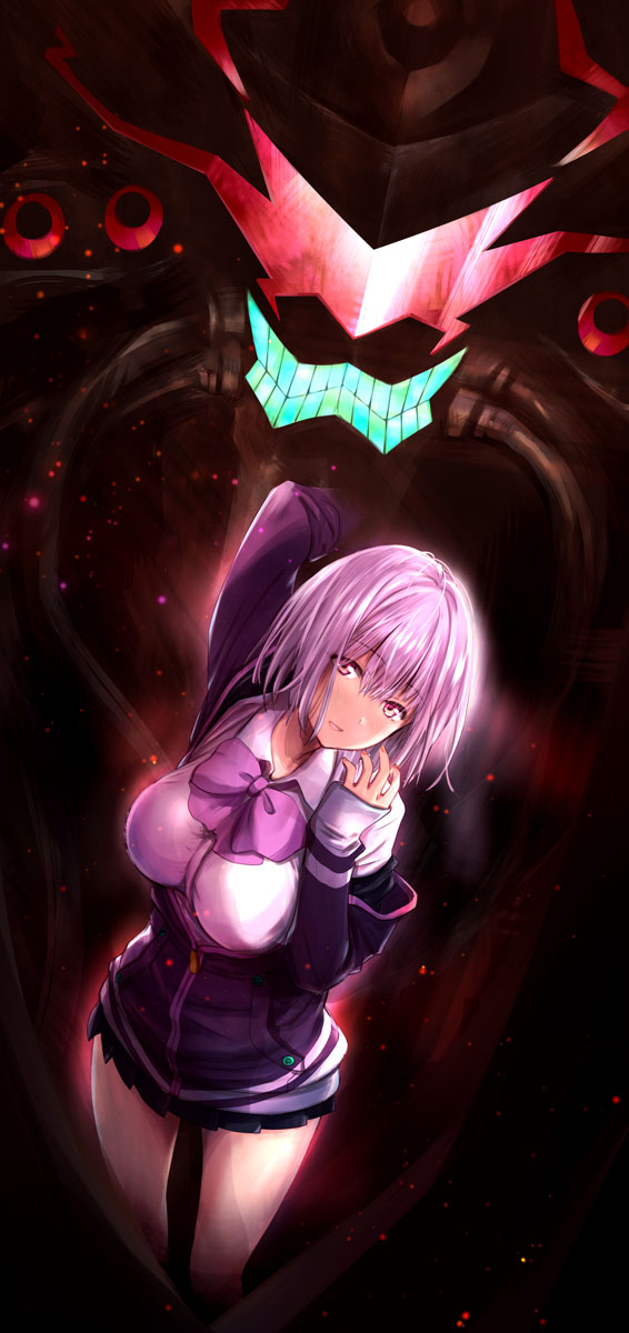 1girl alexis_kerib arm_up bow bowtie breasts collared_shirt commentary_request gridman_universe highres jacket large_breasts light_smile looking_at_viewer miniskirt off_shoulder open_clothes open_jacket parted_lips pink_eyes pink_hair pleated_skirt shinjou_akane shirt short_hair skirt ssss.gridman ueda_metawo