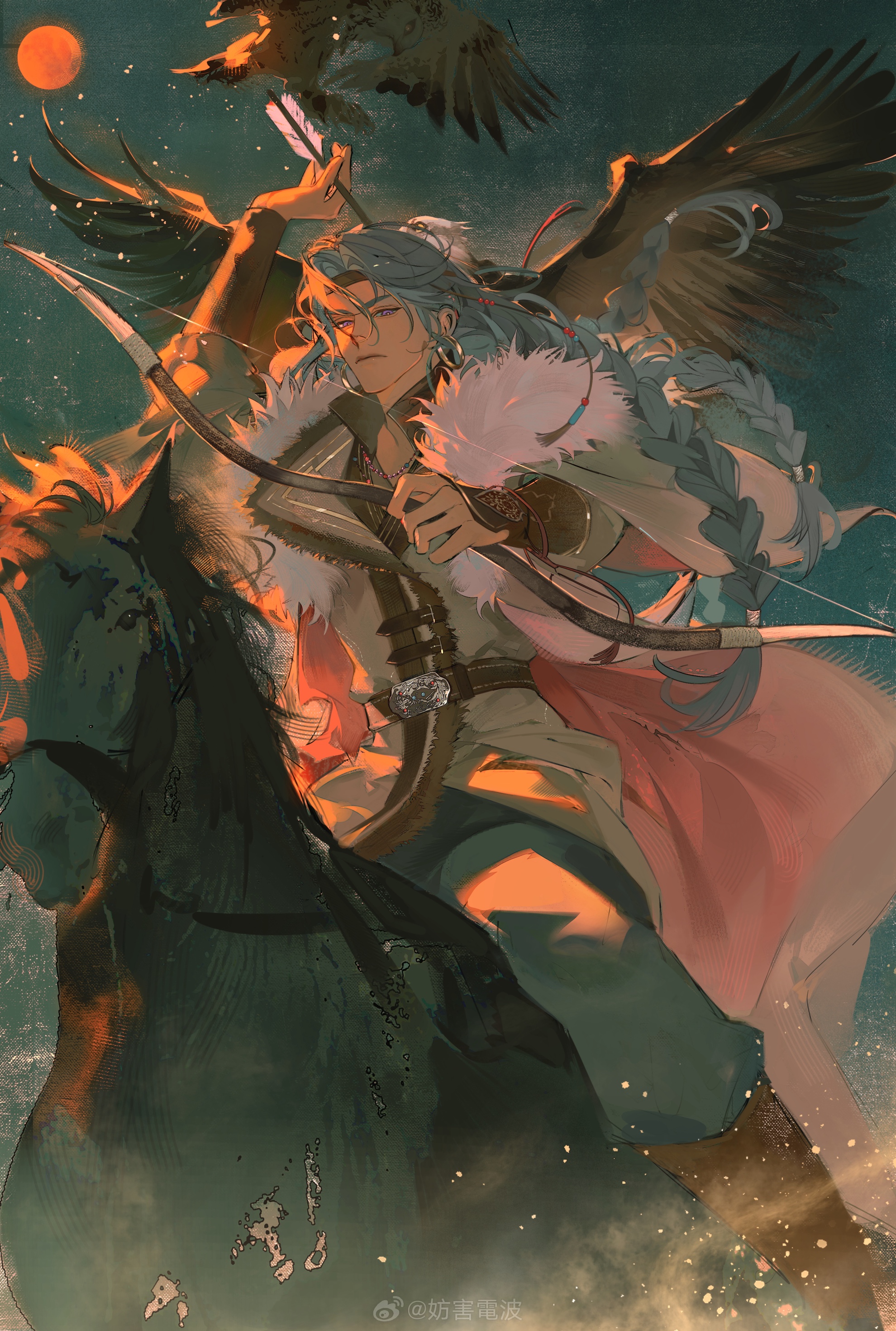 1boy absurdres animal arrow_(projectile) belt bird boots bow_(weapon) braid brown_boots brown_headband charlie_su closed_mouth coat denpa0304 eagle earrings fur-trimmed_coat fur_trim grey_hair headband highres holding holding_arrow holding_bow_(weapon) holding_weapon horse jewelry light_and_night_love lips long_hair long_sleeves looking_at_viewer male_focus pants purple_eyes red_sun sitting solo sun sunlight watermark weapon weibo_watermark