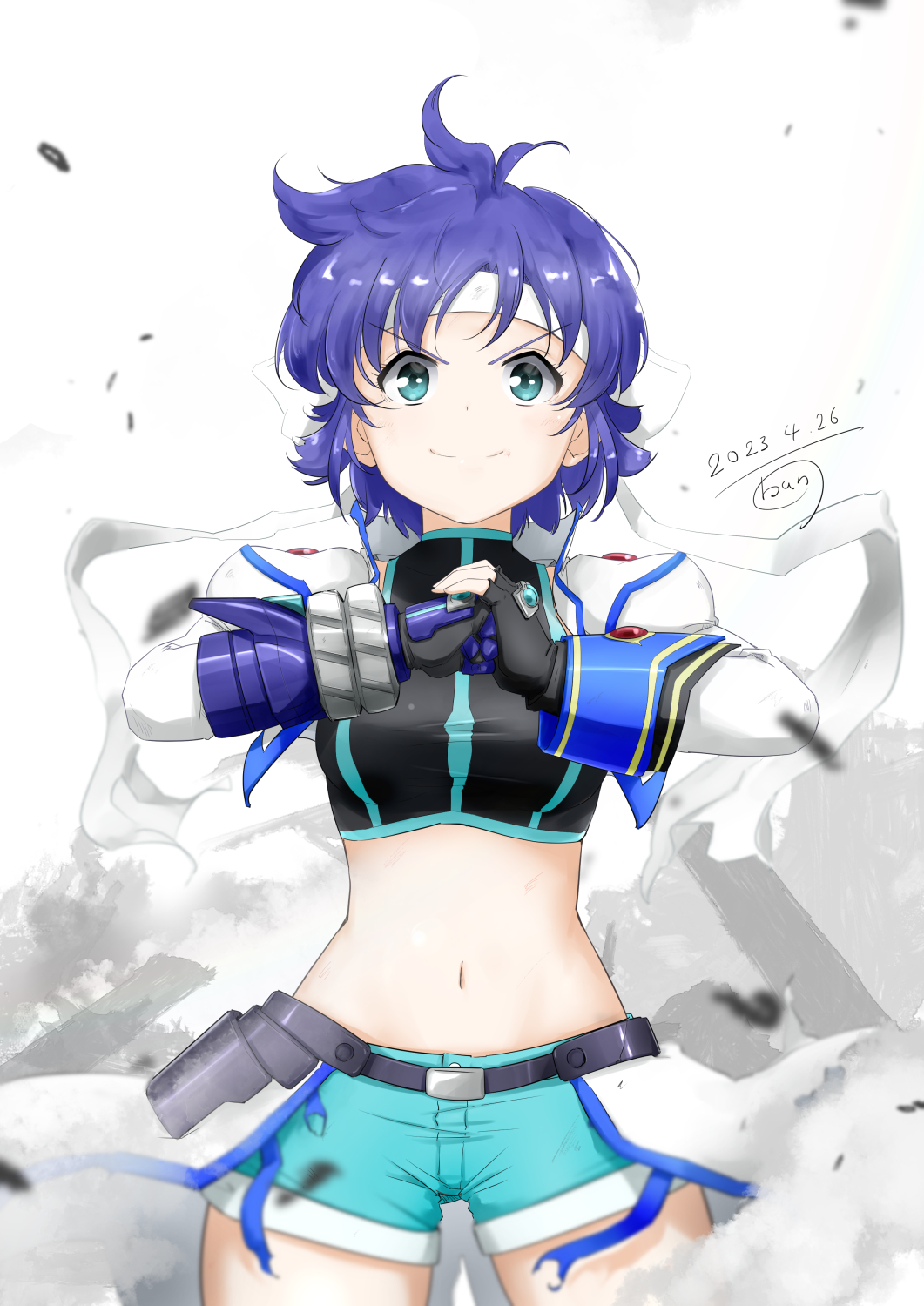 1girl ban_(777purin) blue_eyes blue_hair blue_shorts blush breasts closed_mouth dated headband highres looking_at_viewer lyrical_nanoha magical_girl midriff navel short_hair shorts signature simple_background small_breasts smile solo subaru_nakajima white_background