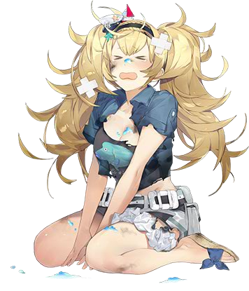 1girl akira_(kadokawa) belt blonde_hair blue_eyes blue_shirt breast_pocket breasts buttons cleavage collared_shirt crying crying_with_eyes_open female_focus fish full_body gambier_bay_(kancolle) gambier_bay_(summer)_(kancolle) hair_between_eyes hairband kantai_collection large_breasts lowres official_art pocket sandals shirt short_sleeves shorts solo tears torn_clothes transparent_background twintails