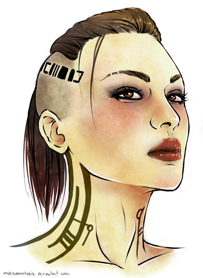 1girl alternate_hairstyle brown_eyes brown_hair buzz_cut collarbone eyeshadow female_focus jack_(mass_effect) lips lipstick makeup mass_effect_(series) mass_effect_3 mohawk myksomatosis ponytail short_hair solo tattoo very_short_hair