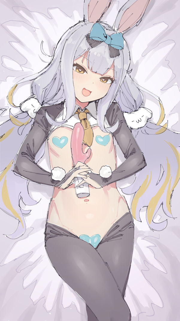 1girl animal_ears bed_sheet black_leotard blue_bow bow covered_erect_nipples dildo flat_chest hair_bow heart heart-shaped_pupils heart_hands holding holding_sex_toy leotard light_blush long_hair looking_at_viewer lying meme_attire mochizuki_himari necktie on_back open_mouth playboy_bunny purple_hair rabbit_ears rabbit_girl reverse_bunnysuit reverse_outfit rkrk sex_toy sidelocks sketch smile symbol-shaped_pupils uni_create vibrator virtual_youtuber yellow_eyes yellow_necktie