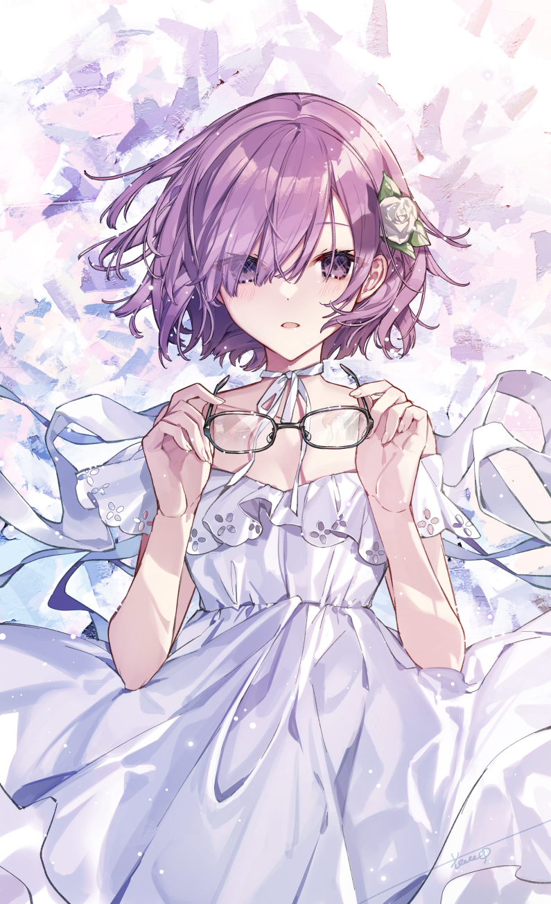 1girl bare_shoulders choker collarbone cowboy_shot dress eyes_visible_through_hair fate/grand_order fate_(series) flower glasses hair_flower hair_ornament hanagata highres looking_at_viewer mash_kyrielight mash_kyrielight_(formal_dress) official_alternate_costume purple_eyes purple_hair short_hair solo watermark