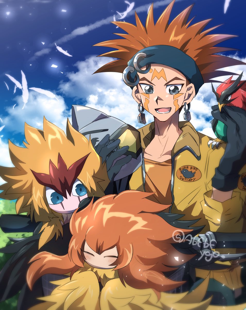 3boys abfbfygo bird black_eyes black_feathers blackwing_breeze_the_zephyr blackwing_jetstream_the_blue_sky blackwing_kalut_the_moon_shadow commentary crow_hogan duel_monster feathers highres jacket male_focus multiple_boys orange_hair symbol-only_commentary twitter_username yellow_feathers yellow_jacket yu-gi-oh! yu-gi-oh!_5d&#039;s