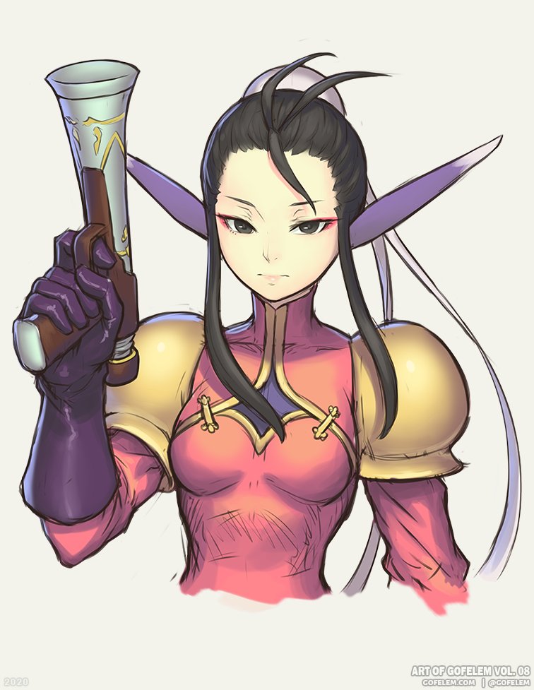 1girl black_eyes black_gloves black_hair breasts breath_of_fire breath_of_fire_iv bun_cover closed_mouth commentary cropped_torso dress gloves gofelem gun hair_bun holding holding_gun holding_weapon long_pointy_ears long_sleeves looking_at_viewer pink_dress pointy_ears short_hair_with_long_locks simple_background single_hair_bun small_breasts solo upper_body ursula_(breath_of_fire) weapon white_background