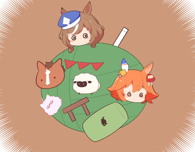 2girls @_@ animal_ears animalization biwa_hayahide_(umamusume) blue_headwear brown_hair newsboy_cap commentary creature_and_personification daruma_doll ear_covers ear_ornament ears_through_headwear fence gomashio_(goma_feet) hair_between_eyes hat horse horse_ears horse_girl horse_print katamari_damacy matikane_tannhauser_(racehorse) matikane_tannhauser_(umamusume) matikanefukukitaru_(umamusume) multicolored_hair multiple_girls orange_hair personification sheep single_ear_cover streaked_hair tanino_gimlet_(racehorse) umamusume white_hair wooden_fence yogibo
