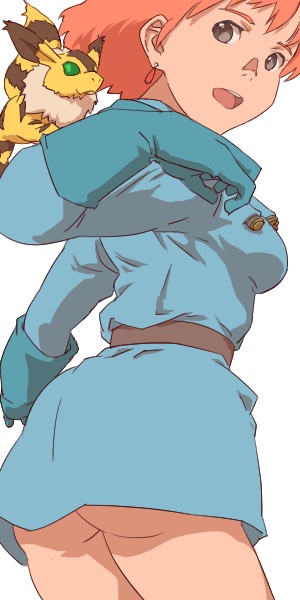 1girl animal aonori_misuji ass belt breasts brown_eyes brown_hair dress earrings gloves jewelry kaze_no_tani_no_nausicaa looking_at_viewer medium_breasts nausicaa open_mouth short_hair simple_background skirt teto_(nausicaa) white_background