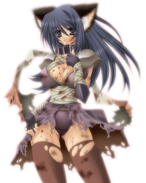 1girl animal_ear_fluff animal_ears armor assassin_(ragnarok_online) backlighting bandaged_arm bandaged_torso bandages belt_collar black_thighhighs blood blood_on_breasts blood_on_clothes blood_on_face blood_on_leg bloody_bandages blue_eyes blue_hair breasts cameltoe cat_ears cleavage collar elbow_gloves eyes_visible_through_hair fingerless_gloves gloves hair_between_eyes hakoiri_nyanko hand_on_own_thigh hand_up large_breasts legs_apart leotard long_hair parted_lips purple_collar purple_gloves purple_leotard ragnarok_online shoulder_armor simple_background solo standing thighhighs torn_clothes torn_thighhighs white_background