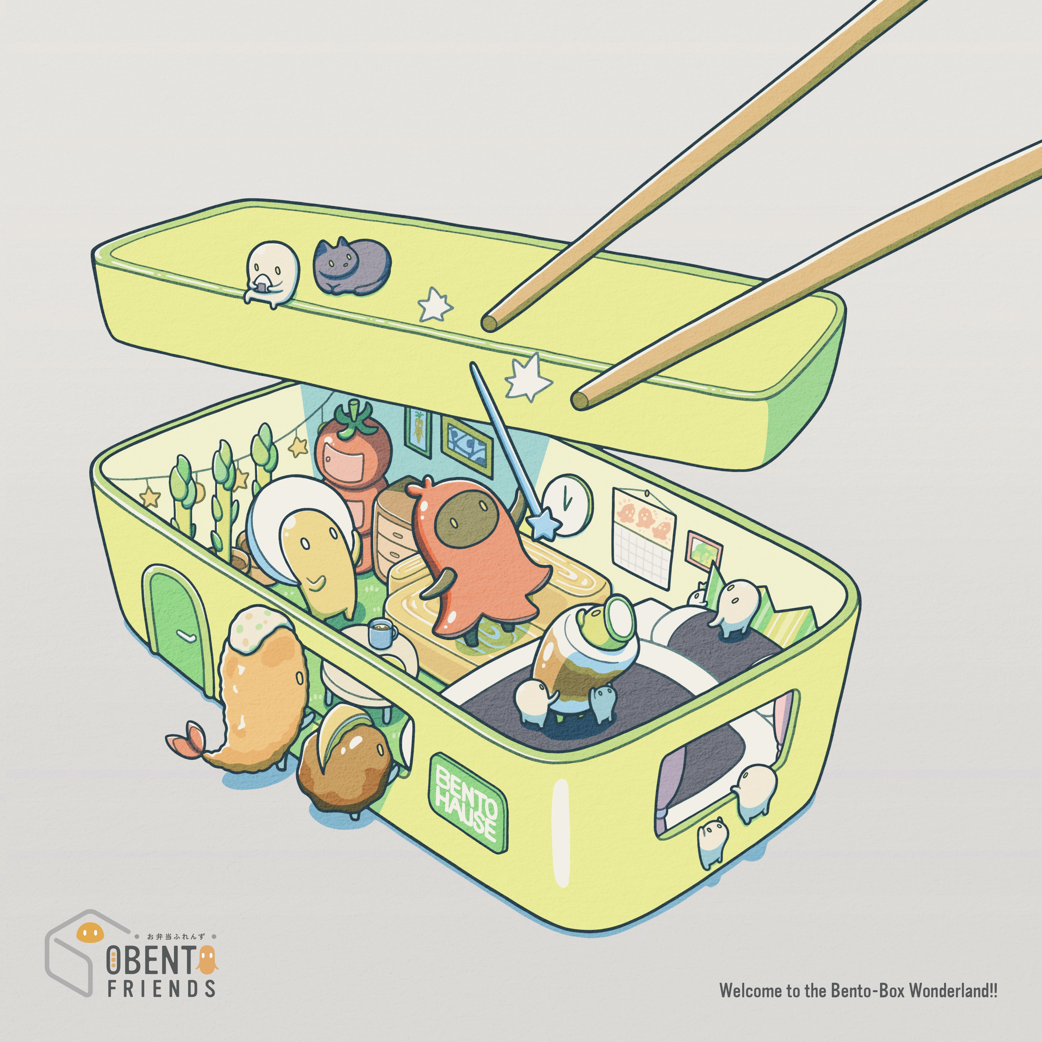 6+others absurdres bed bento black_cat calendar_(object) cat chopsticks clock cocktail_pick coffee_mug coffee_table cup english_text food food-themed_furniture food_art food_costume grey_background highres holding holding_cocktail_pick holding_food mug multiple_others obento_friends onigiri original oversized_cocktail_pick plant potted_plant shrimp shrimp_tempura simple_background table tako-san_wiener tempura tti_design wall_clock