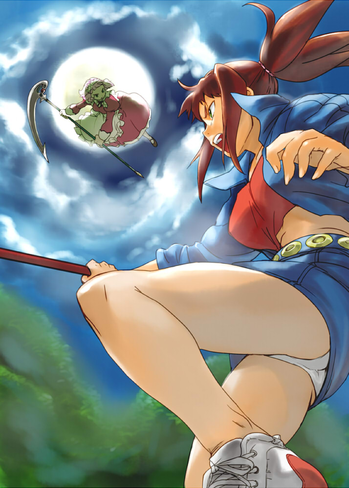 00s 2girls angry aoba_(smartbeat) apron battle brown_hair denim denim_skirt himeno_fumi legs maid maid_apron midriff moon multiple_girls my-hime no_socks panties pantyshot ponytail scythe shoes skirt sneakers sugiura_midori underwear