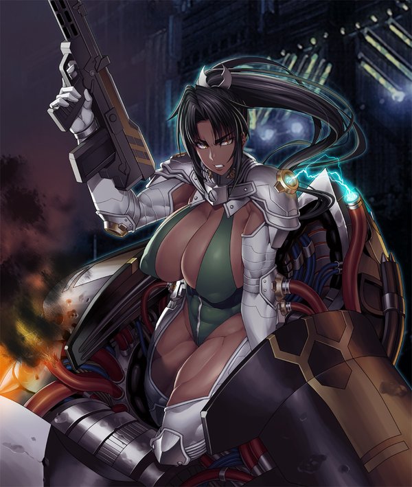 00s 1girl abs angry armor assault_rifle assault_shooter black_hair breasts bullpup claudius_(taimanin_rpgx) cleavage clenched_teeth covered_erect_nipples dark-skinned_female dark_skin female_focus fire gun hand_up high_ponytail highleg highleg_leotard holding holding_weapon huge_breasts leotard lilith-soft long_hair looking_at_viewer machine_gun mirabell_bell muscular muscular_arms muscular_female muscular_legs obui orange_eyes parted_bangs pauldrons ponytail rifle shoulder_armor sideboob sidelocks solo taimanin_(series) taimanin_asagi taimanin_asagi_kessen_arena teeth thighs weapon