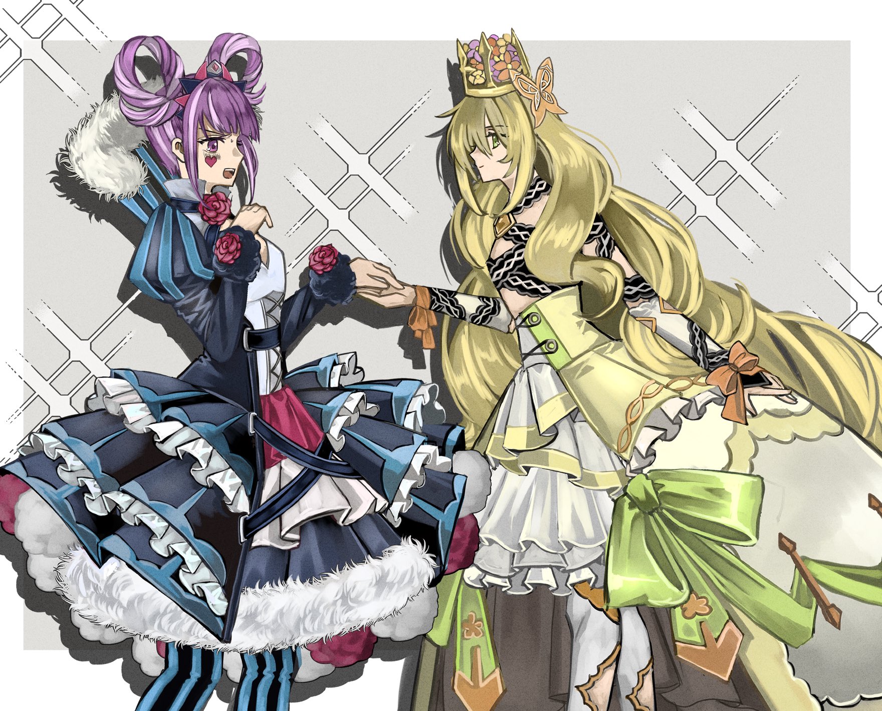 2girls blonde_hair bow butterfly_hair_ornament celine_(fire_emblem) cross-laced_clothes cross-laced_dress crown dress dress_bow fire_emblem fire_emblem_engage folded_twintails gem green_eyes hair_flaps hair_ornament hair_rings highres hortensia_(fire_emblem) long_hair multiple_girls nintendo omlililimo orange_bow orange_gemstone pantyhose pink_hair princess striped_clothes striped_dress striped_pantyhose vertical-striped_clothes vertical-striped_dress vertical-striped_pantyhose very_long_hair wrist_bow yellow_dress