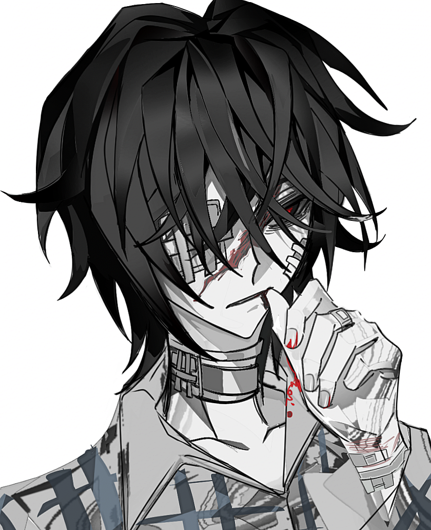 1boy bags_under_eyes bandage_over_one_eye bandaged_arm bandaged_neck bandages bandaid bandaid_on_face bandaid_on_hand biting black_eyes black_hair blood blood_on_clothes blood_on_hands collar collarbone collared_shirt dao_gui_yi_xian eyepatch fingernails greyscale hair_between_eyes hand_up injury li_huowang li_huowang_(modern_world) looking_to_the_side male_focus medical_eyepatch monochrome nail_biting official_alternate_costume official_alternate_hair_length official_alternate_hairstyle one_eye_covered parted_lips portrait red_eyes red_pupils renjianshitou scar scar_on_face shirt short_hair simple_background solo spot_color striped_clothes striped_shirt upper_body vertical-striped_clothes vertical-striped_shirt white_background