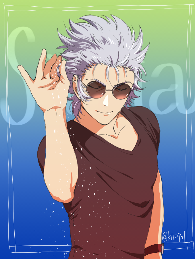 1boy alternate_costume black_shirt cancer_death_mask casual closed_eyes grey_hair hand_up kiriku_(nakuro) male_focus meme parody saint_seiya salt salt_bae_(meme) shirt short_hair short_sleeves sideburns smil solo spiked_hair sprinkling sunglasses u_u upper_body