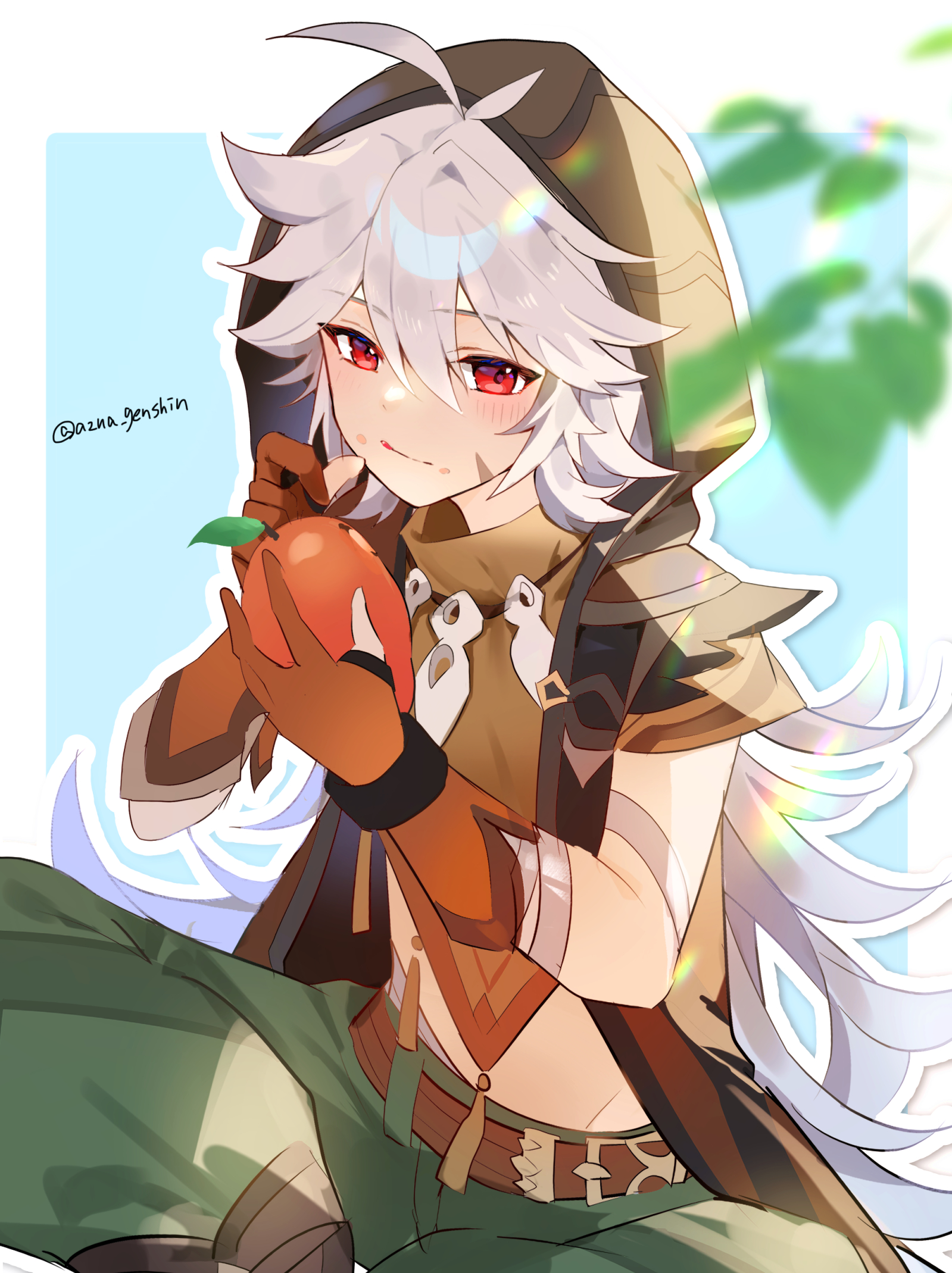 1boy ahoge azna bishounen blush bone_necklace cowboy_shot crossed_legs fruit genshin_impact gloves highres hood licking_lips long_hair male_focus mango orange_gloves razor_(genshin_impact) red_eyes scar sitting solo tongue tongue_out white_hair