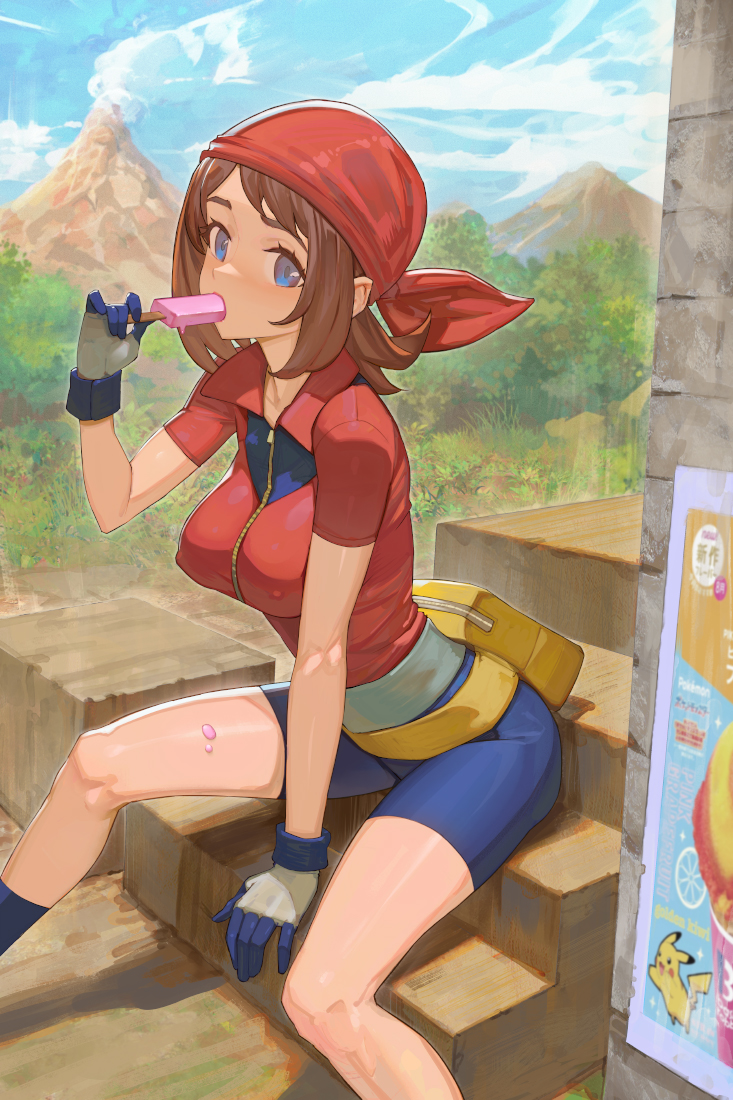 1girl bandana bike_shorts blue_eyes breasts brown_hair covered_erect_nipples fanny_pack food gen_1_pokemon gloves long_hair may_(pokemon) medium_breasts mountainous_horizon nintendo no_bra outdoors pikachu pokemon pokemon_rse popsicle red_bandana red_eyes scenery sitting sitting_on_stairs smile solo stairs yugen99