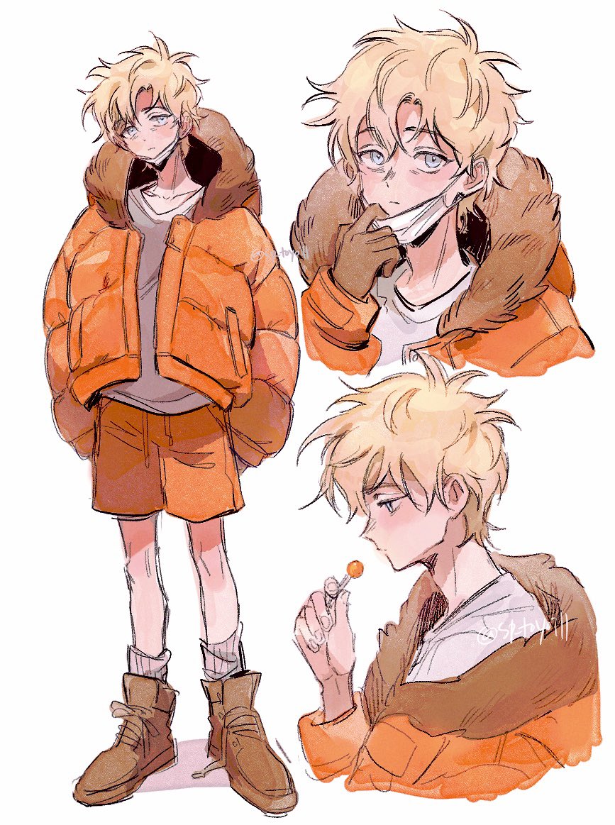 1boy animification blonde_hair blue_eyes boots brown_boots brown_gloves candy chupa_chups fingernails food full_body fur-trimmed_hood fur_trim gloves hair_between_eyes half-closed_eyes hand_up holding hood hooded_jacket jacket kenny_mccormick lollipop long_sleeves looking_at_viewer looking_down mask mouth_mask multiple_views open_clothes open_jacket orange_jacket puffy_long_sleeves puffy_sleeves shadow shirt short_hair simple_background socks south_park sp_toyoill standing t-shirt upper_body white_background white_mask white_shirt white_socks