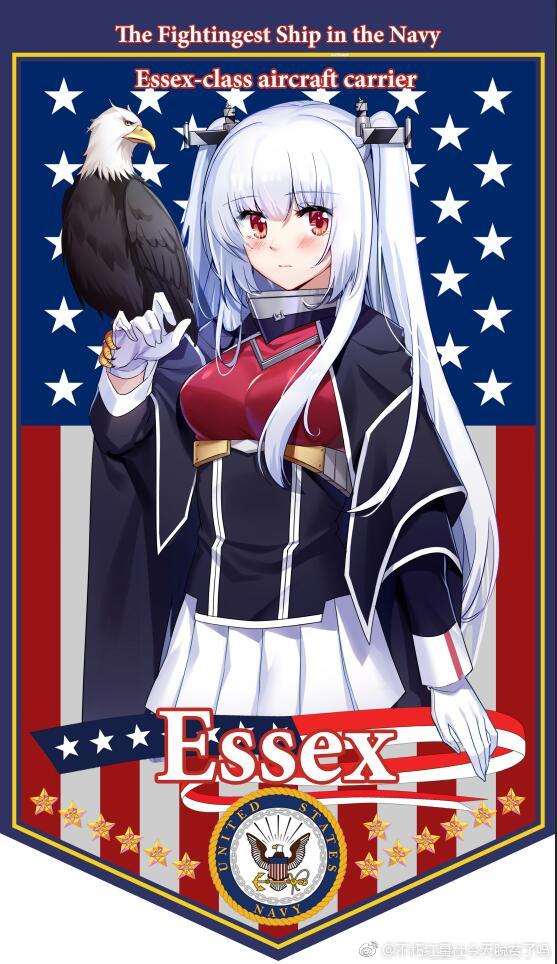 1girl american_flag bird blush breasts buxiuhongxingshe_jintiantuopinlema cape eagle english_text essex_(warship_girls_r) flag_background gloves long_hair looking_at_viewer personification pleated_skirt red_eyes skirt solo twintails two_side_up warship_girls_r watermark weibo_watermark white_gloves white_hair white_skirt