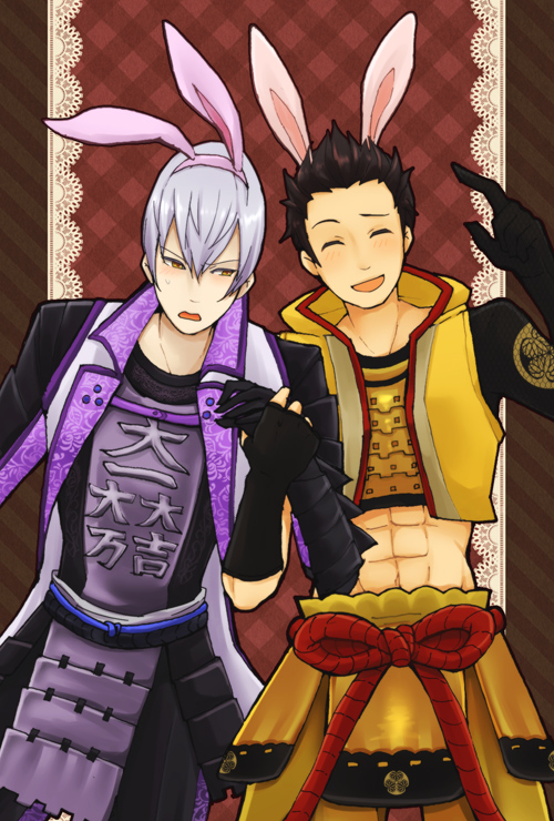 2boys :d ^_^ abs animal_ear_hairband animal_ears armor brown_hair closed_eyes cropped_jacket eringi_oishii fake_animal_ears grey_hair hair_between_eyes hairband holding_another&#039;s_wrist ishida_mitsunari_(sengoku_basara) jacket japanese_armor jinbaori light_blush looking_at_another male_focus midriff multiple_boys open_mouth rabbit_ears sengoku_basara short_hair smile sweatdrop tokugawa_ieyasu_(sengoku_basara) toned yellow_eyes yellow_jacket