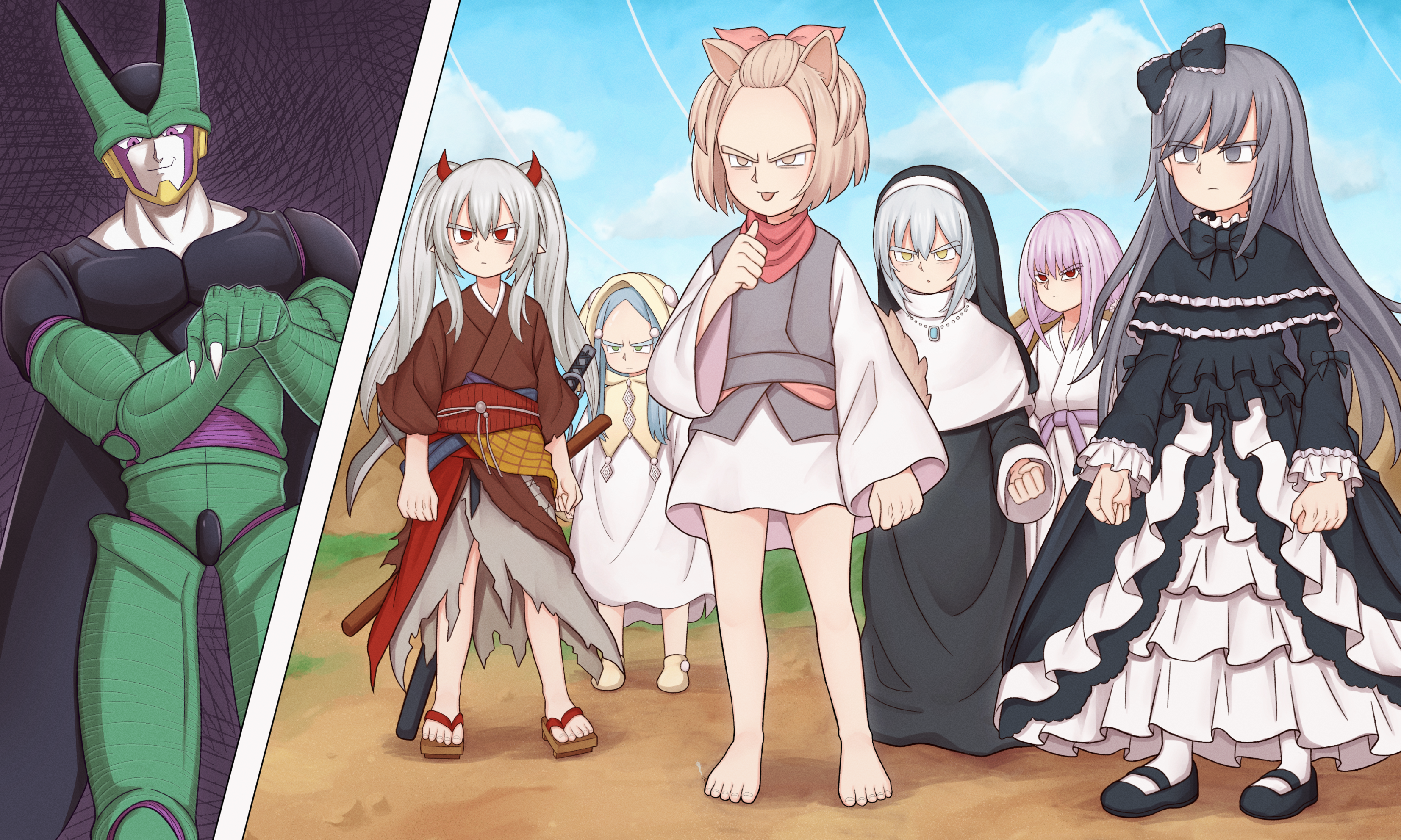 1boy 6+girls absurdres animal_ears ash_blossom_&_joyous_spring atorie barefoot blue_hair blue_sky bow brown_eyes called_by_the_grave cell_(dragon_ball) clenched_hands cloud crossover day demon_horns dog_ears dog_girl dog_tail dragon_ball dragonball_z dress duel_monster fingernails frown ghost_belle_&_haunted_mansion ghost_mourner_&_moonlit_chill ghost_ogre_&_snow_rabbit ghost_reaper_&_winter_cherries ghost_sister_&_spooky_dogwood green_eyes grey_eyes grey_hair hair_bow highres hood horns japanese_clothes jewelry katana kimono light_brown_hair long_hair multiple_girls necklace nun outdoors pointing pointing_at_self purple_hair red_eyes sandals sharp_fingernails shoes short_hair sky sword tail toes tongue tongue_out toriyama_akira_(style) torn_clothes weapon yellow_eyes yu-gi-oh!