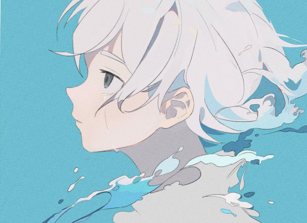 1boy blue_background blue_eyes commentary_request crying crying_with_eyes_open ebi_(shrimp_eleven) floating_hair fubuki_shirou inazuma_eleven_(series) looking_ahead male_focus profile simple_background solo streaming_tears tears upper_body water white_hair