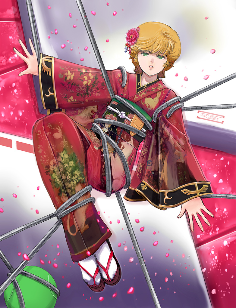 1girl alternate_costume audrey_burne cable flower gacha-m green_eyes gundam gundam_unicorn hair_flower hair_ornament haro japanese_clothes kimono mecha nt-d orange_hair parted_lips petals restrained revision robot sandals short_hair socks unicorn_gundam