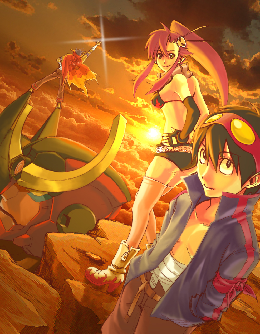 00s 1girl 2boys bad_id bad_pixiv_id bikini bikini_top_only boots cape cloud dutch_angle goggles goggles_on_head gurren-lagann hair_ornament hands_in_pockets hands_on_own_hips highres kamina_(ttgl) kamina_pose kan_(tachi) mecha multiple_boys pointing pointing_up ponytail robot short_shorts shorts simon_(ttgl) skull_hair_ornament sunset swimsuit tengen_toppa_gurren_lagann thighhighs yoko_littner