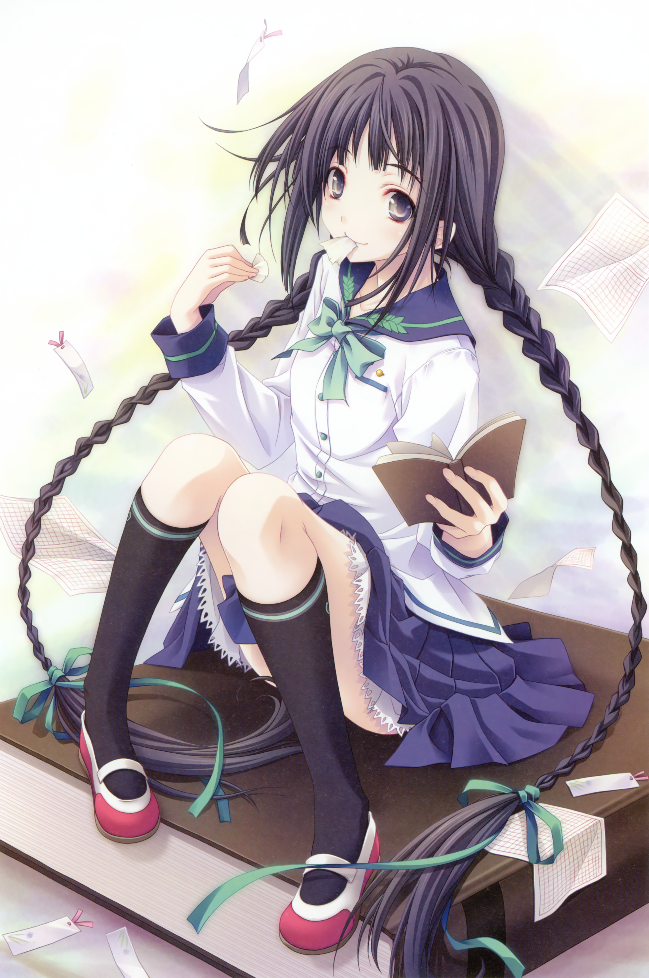 1girl absurdres amano_tooko book bookmark braid bungaku_shoujo eating highres knees_together_feet_apart legs miyama-zero oversized_object purple_eyes purple_hair school_uniform shoes sitting socks twin_braids