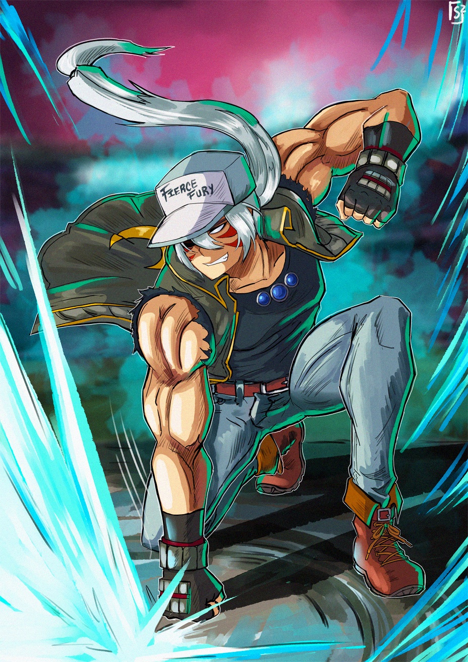 alternate_costume alternate_eye_color alternate_hair_color aura bare_arms baseball_cap belt blue_gemstone clothes_writing corruption crescent crescent_moon crescent_moon_print crescent_moon_symbol crescent_print crossover dark_persona english_text evil_smile facial_tattoo fatal_fury fierce_deity fingerless_gloves gem gloves hal_laboratory hat highres long_hair moon nintendo no_pupils ponytail possessed possession punching shoes smile snk stoic_seraphim super_smash_bros. tattoo terry_bogard the_king_of_fighters the_legend_of_zelda the_legend_of_zelda:_majora&#039;s_mask white_eyes white_hair