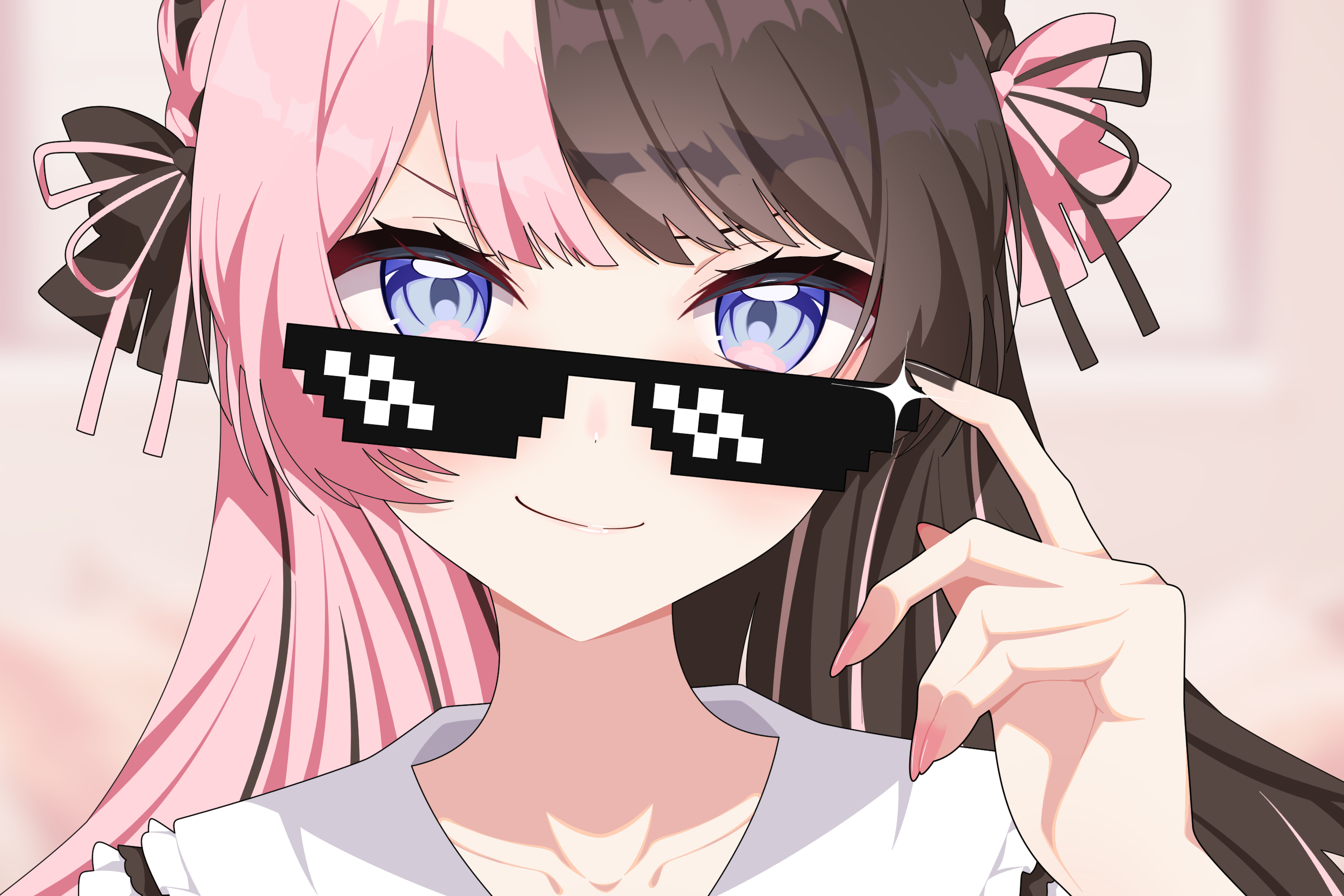 1girl black_bow black_nails blue_eyes bow brown_hair closed_mouth hair_bow highres long_hair looking_at_viewer multicolored_hair omas_lie pink_bow pink_hair pink_nails portrait solo split-color_hair sunglasses tachibana_hinano two-tone_hair virtual_youtuber vspo!