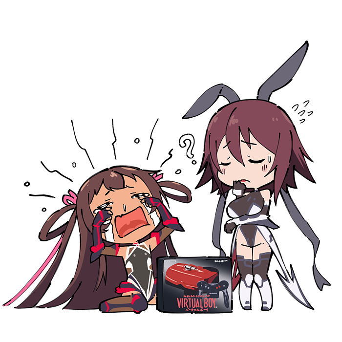 2girls :&lt; :o ? bare_shoulders bed black_hair boots breasts brown_eyes brown_hair chibi closed_eyes dark-skinned_female dark_skin female_focus fishnets frilled_skirt frills game_console gloves hair_between_eyes hair_ribbon high_heel_boots high_heels highleg highleg_leotard large_breasts leotard long_hair looking_at_another mizuki_shiranui mizuki_yukikaze mother_and_daughter multiple_girls nintendo pun revealing_clothes ribbon sad shiny_skin sideboob sitting skirt smile taimanin_(series) taimanin_yukikaze taimanun tears transparent_background turtleneck twintails two_side_up very_long_hair virtual_boy