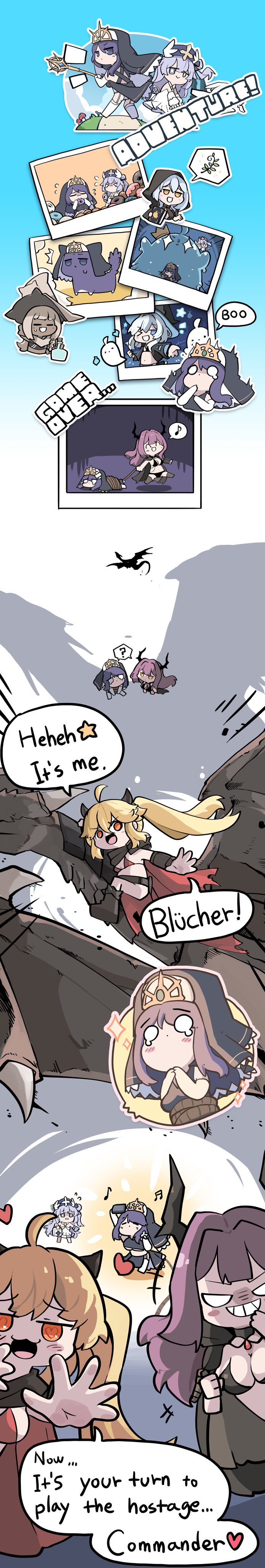 &gt;_o 6+girls absurdres ahoge arkhangelsk_(azur_lane) arkhangelsk_(supporting_sorceress)_(azur_lane) azur_lane blonde_hair blue_hair bluecher_(azur_lane) bluecher_(skyward_burning_love)_(azur_lane) breasts chibi chibi_only cleavage dark-skinned_female dark_skin demon_horns demon_wings devonshire_(azur_lane) devonshire_(sadistic_demon)_(azur_lane) donut dragon english_text food grin hat heart heart-shaped_pupils highres holding holding_staff horns jade_(a_good_girl&#039;s_magic)_(azur_lane) jade_(azur_lane) large_breasts liverpool_(azur_lane) liverpool_(breeze_of_blessing)_(azur_lane) long_image manjuu_(azur_lane) multiple_girls musical_note nubian_(azur_lane) nubian_(normal_potion_maker)_(azur_lane) official_alternate_costume official_art one_eye_closed purple_hair smile speech_bubble spoken_musical_note staff symbol-shaped_pupils tall_image twintails unicorn_(azur_lane) unicorn_(snow_white_guardian_angel)_(azur_lane) white_hair whitydragon wings witch_hat