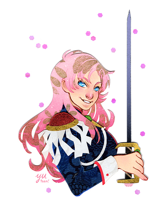 1girl aiguillette blue_eyes blue_jacket commentary cropped_torso english_commentary epaulettes glitter holding holding_sword holding_weapon jacket long_hair long_sleeves looking_at_viewer open_mouth paper_cutout_(medium) papercraft_(medium) patterned_hair pink_hair rapier shoujo_kakumei_utena signature smile solo sword sword_of_dios tenjou_utena unconventional_media upper_body weapon white_background wrist_cuffs yutaan