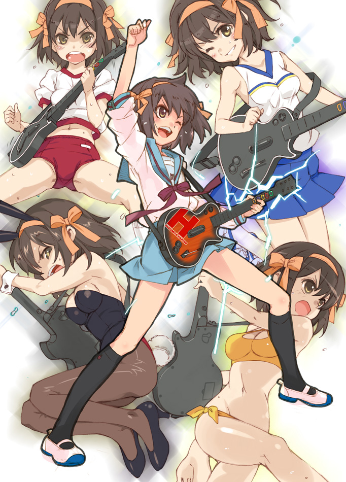 00s 1girl animal_ears bikini black_socks brown_eyes brown_hair buruma cheerleader electricity fake_animal_ears guitar guitar_hero gym_uniform hairband instrument kneehighs leotard lightning murasawa_hiroshi one_eye_closed pantyhose playboy_bunny rabbit_ears school_uniform serafuku shoes short_hair socks suzumiya_haruhi suzumiya_haruhi_no_yuuutsu sweat swimsuit uwabaki wink