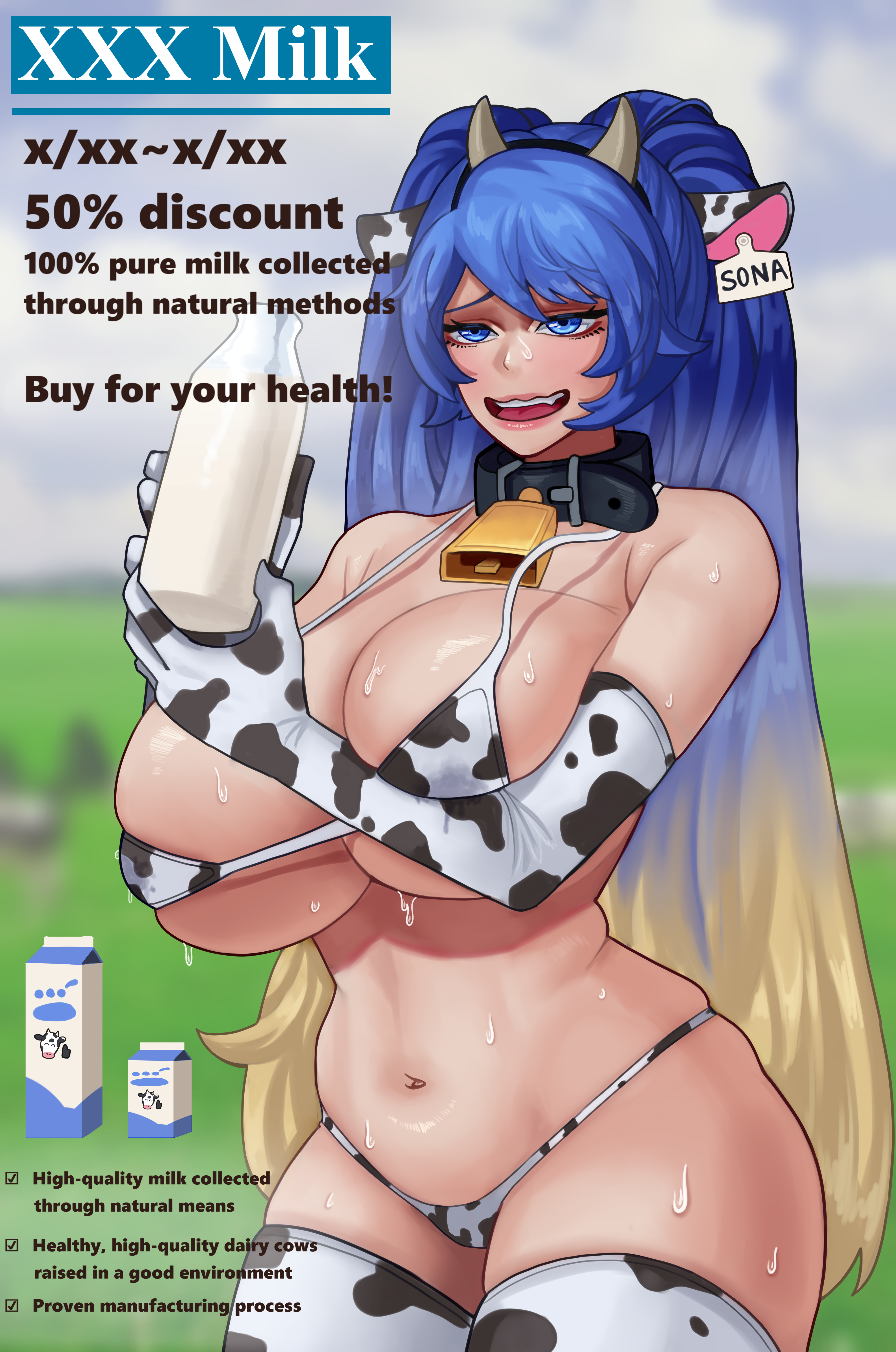 1girl absurdres animal_ears animal_print arapanchi armpit_crease bell belt_collar bikini black_collar blonde_hair blue_eyes blue_hair blurry blurry_background bottle breasts character_name collar commentary cow_ears cow_horns cow_print cow_print_bikini cow_print_gloves cow_print_thighhighs cowbell ear_tag elbow_gloves english_text fake_animal_ears fake_horns glass_bottle gloves gradient_hair hands_up highres holding holding_bottle horn_hairband horns huge_breasts league_of_legends long_hair looking_at_viewer milk milk_bottle milk_carton multicolored_hair navel neck_bell open_mouth print_bikini print_gloves print_thighhighs skindentation smile solo sona_(league_of_legends) sweat swept_bangs swimsuit teeth thighhighs twintails upper_teeth_only very_long_hair very_sweaty