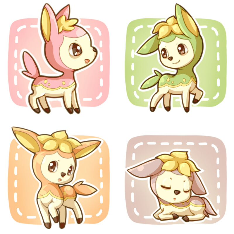 animal_focus brown_eyes chibi closed_eyes closed_mouth commentary_request deer deerling deerling_(autumn) deerling_(spring) deerling_(summer) deerling_(winter) full_body gen_5_pokemon iese&#039;niya lying nintendo no_humans open_mouth pokemon pokemon_(creature) sleeping smile standing
