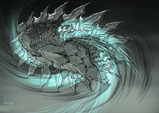 artist_name black_background concept_art energy engi_(animation_studio) exhaust fire flying gamera gamera_(series) gamera_-rebirth- giant giant_monster glowing grey_background kadokawa kaiju monster motion_lines no_humans official_art plasma signature simple_background smoke spikes spinning takahama_kan turtle turtle_shell two-tone_background