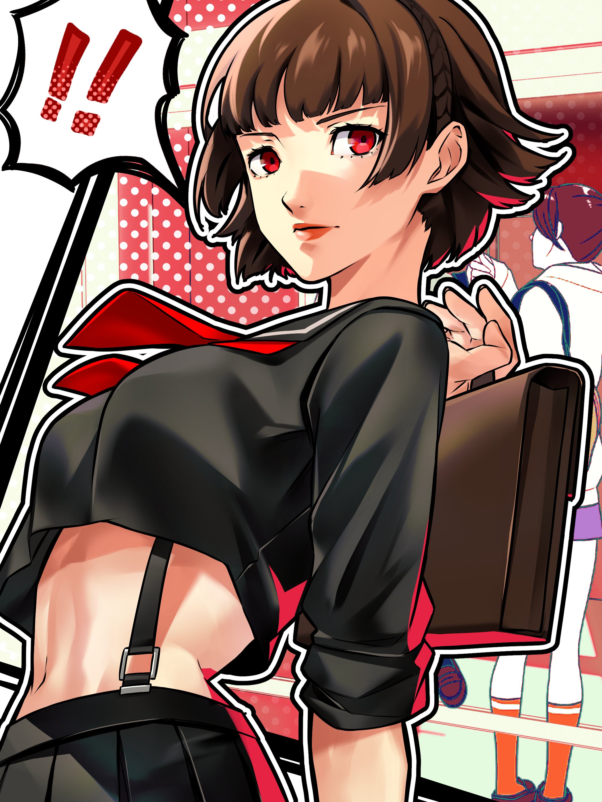 ! !! 1girl absurdres alternate_costume bag black_sailor_collar black_serafuku black_skirt blunt_bangs brown_hair closed_mouth commentary commission cropped_shirt delinquent english_commentary highres holding holding_bag lips looking_at_viewer midriff navel neckerchief niijima_makoto persona persona_5 pleated_skirt red_eyes red_lips red_neckerchief sailor_collar school_bag school_uniform serafuku short_hair skirt sleeves_rolled_up solo_focus spoken_exclamation_mark sukeban suspender_skirt suspenders toned toned_female upper_body wanderstillart
