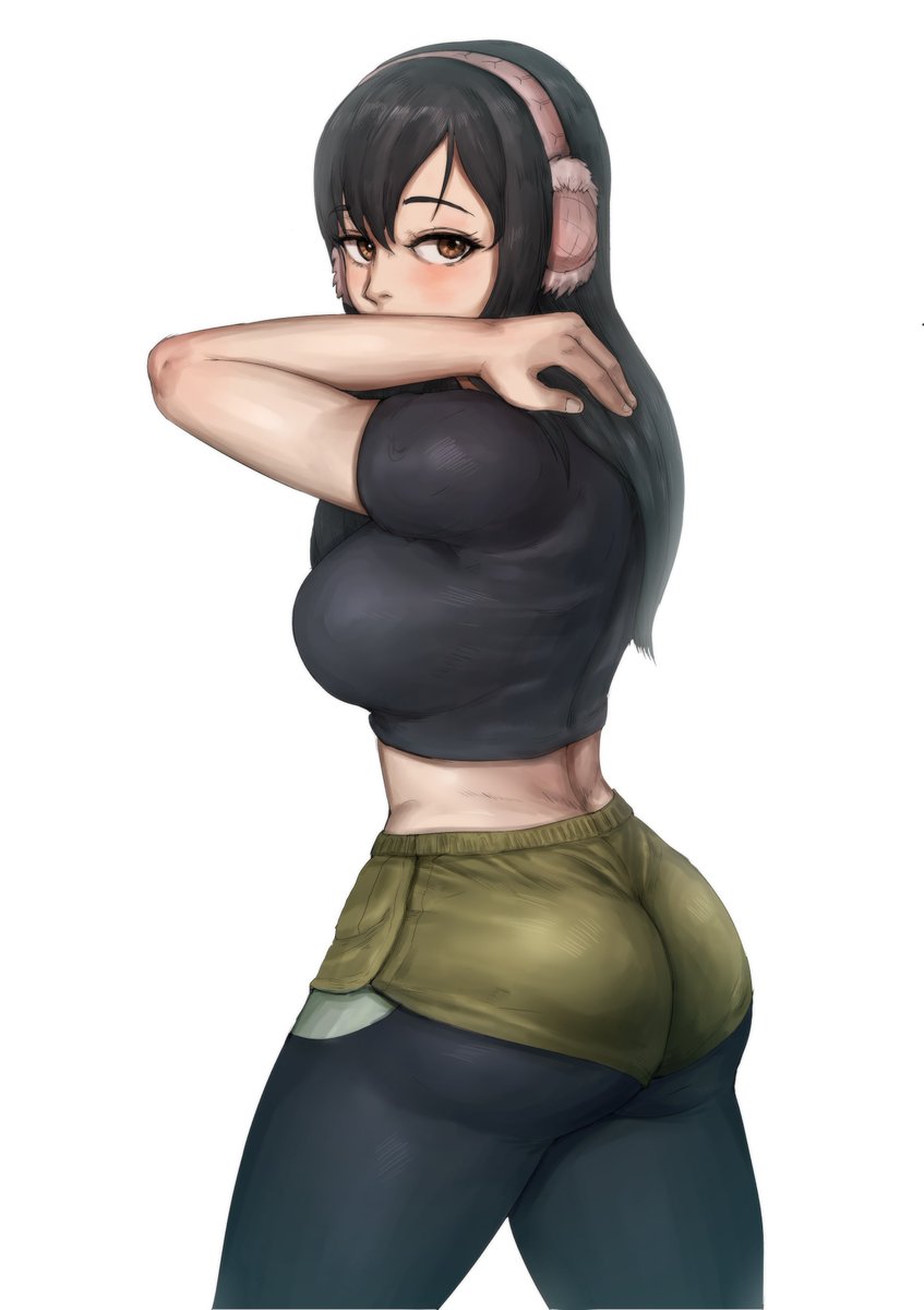 1girl ass breasts highres kimishima_kana kiseijuu long_hair looking_at_viewer ohthicc otik pantyhose pantyhose_under_shorts short_shorts shorts solo