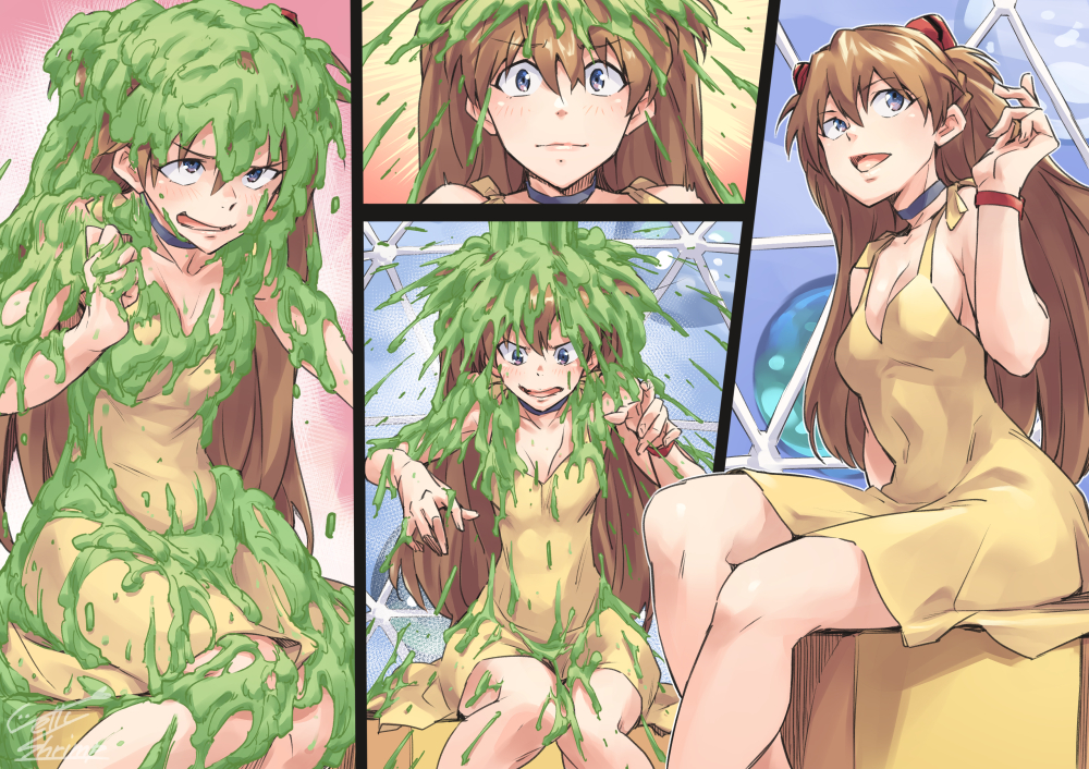 1girl breasts choker cleavage dress jelly_shrimp knees_together_feet_apart long_hair looking_at_viewer neon_genesis_evangelion orange_hair slime_(substance) souryuu_asuka_langley sundress wet wet_clothes wet_dress yellow_dress you_can&#039;t_do_that_on_television