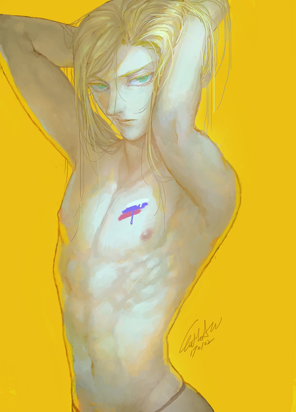 1boy arms_up blonde_hair bodypaint colored_eyelashes dated flag_print green_eyes hands_in_own_hair highres jojo_no_kimyou_na_bouken jojo_pose looking_at_viewer male_focus navel nipples parody russian_flag short_hair signature simple_background solo toned topless_male upper_body yamyanm.k yellow_background yuri!!!_on_ice yuri_plisetsky