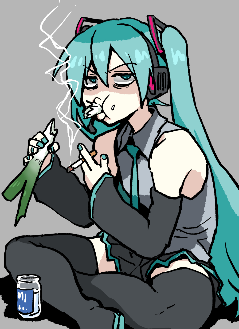 1girl bags_under_eyes black_skirt black_sleeves blue_eyes blue_hair blue_nails blue_necktie boots bottle cigarette collared_shirt detached_sleeves eating food food_in_mouth full_body full_mouth glaring grey_background grey_shirt hatsune_miku headset henriiku_(ahemaru) highres holding holding_cigarette holding_food holding_spring_onion holding_vegetable indian_style long_hair long_sleeves looking_at_viewer miniskirt necktie pleated_skirt shirt simple_background sitting skirt sleeveless sleeveless_shirt smoke smoking solo spring_onion thigh_boots twintails v-shaped_eyebrows vegetable vocaloid