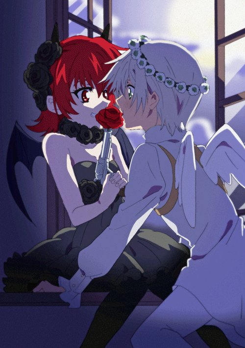 1boy 1girl black_dress black_flower black_rose demon_wings dress fake_wings flower fumiko_(mesushi) gun halloween handgun iria_animi red_eyes red_flower red_hair red_rose revolver rose ruca_milda short_hair skirt smile tales_of_(series) tales_of_innocence very_short_hair weapon white_hair wings