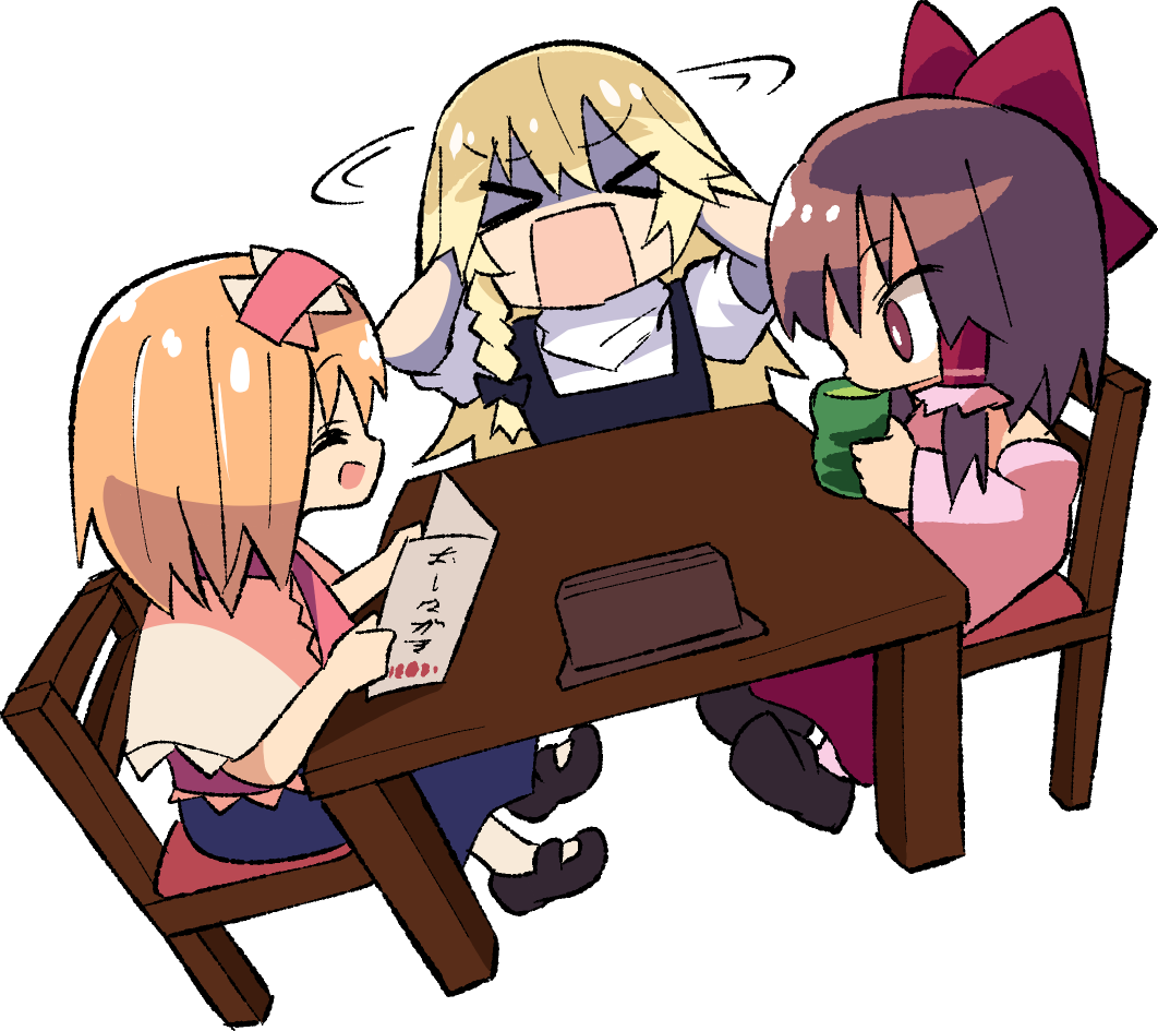 &gt;_&lt; 3girls alice_margatroid black_bow black_footwear black_vest blonde_hair blue_dress bow braid brown_hair capelet chair cho_cola_star closed_eyes cookie_(touhou) cup detached_sleeves dress frilled_hair_tubes frilled_hairband frilled_necktie frilled_sash frills full_body green_tea hair_bow hair_tubes hairband hakurei_reimu hinase_(cookie) kirisame_marisa long_hair mary_janes medium_hair menu multiple_girls napkin_holder necktie open_mouth pink_hairband pink_necktie pink_sash pink_sleeves red_bow red_eyes reu_(cookie) sash shirt shoes side_braid simple_background sitting smile table tea touhou transparent_background uzuki_(cookie) vest white_capelet white_shirt yunomi