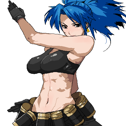 1girl abs blue_hair chiisan earrings female_focus gloves jewelry leona_heidern looking_at_viewer lowres midriff muscular navel ponytail simple_background snk solo tank_top the_king_of_fighters toned white_background