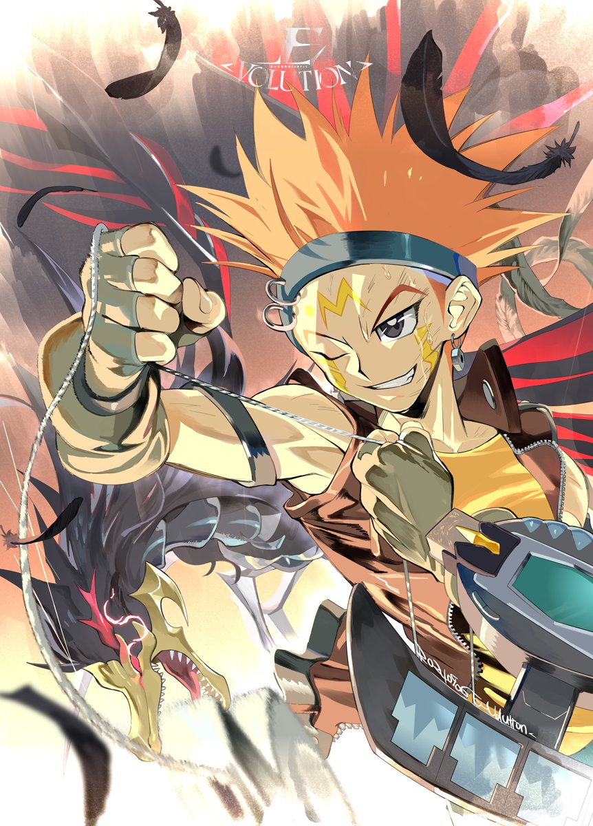 1boy artist_logo artist_name black-winged_dragon black_eyes black_feathers brown_vest crow_hogan deck_of_cards dragon duel_disk e_volution earrings facial_mark feathers highres holding jewelry logo male_focus medium_hair one_eye_closed orange_hair red_eyes sharp_teeth shirt teeth trading_card upper_body vest yellow_shirt yu-gi-oh! yu-gi-oh!_5d&#039;s