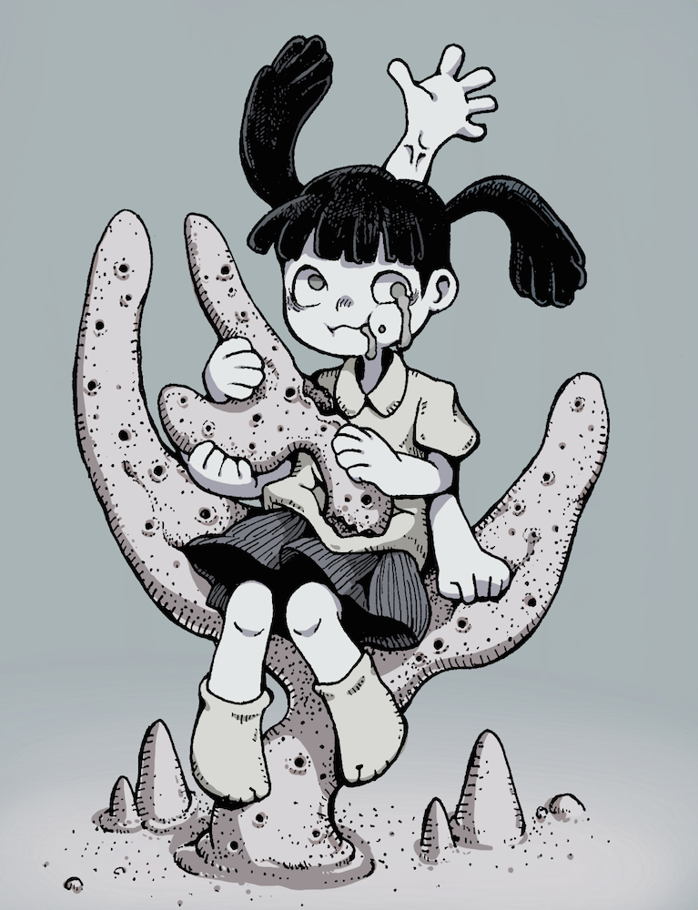 1girl black_hair chewing chomahu closed_mouth coral drooling extra_arms grey_background grey_theme melting_eyes monoko shirt sitting skirt socks solo twintails veins veiny_arms white_shirt yume_nikki